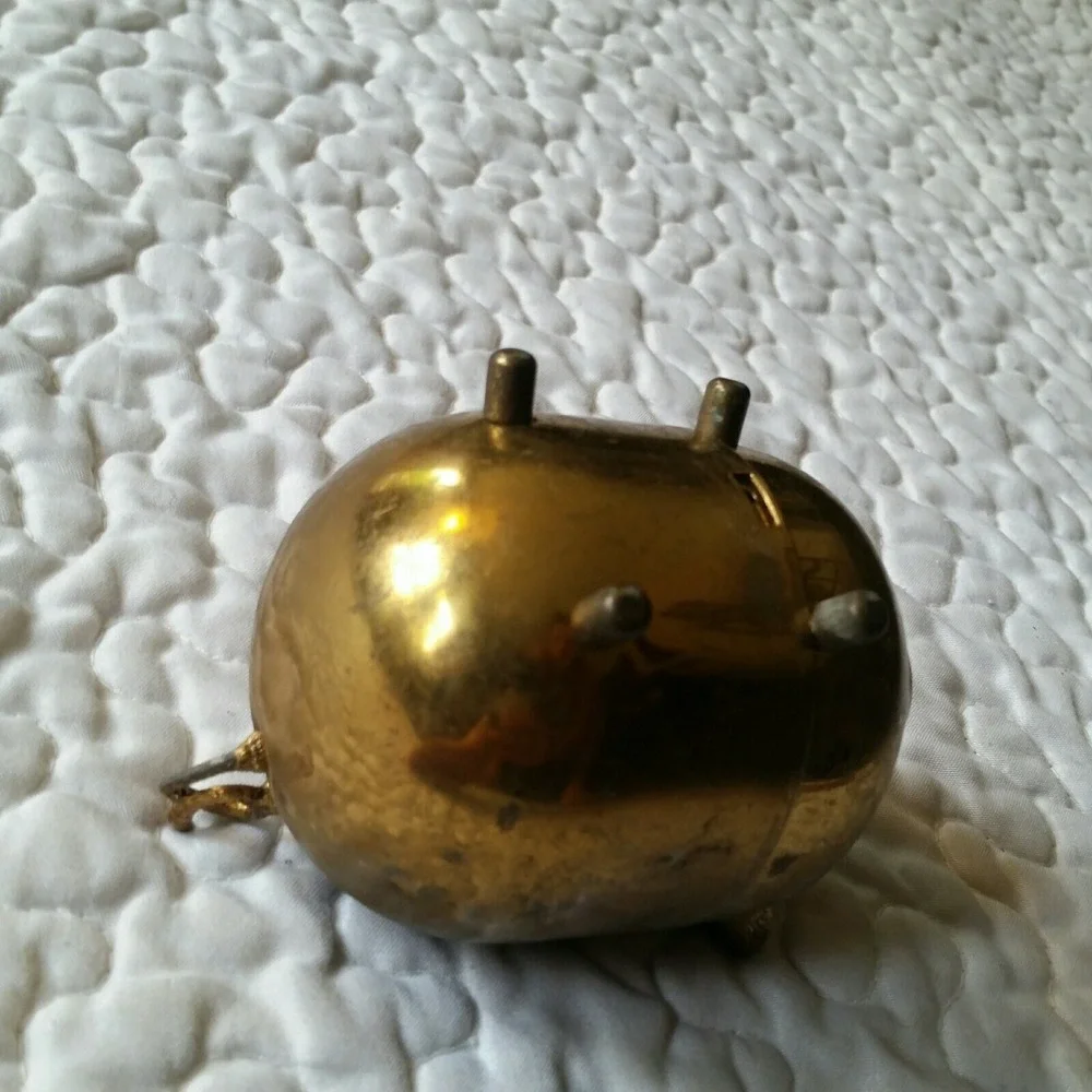 Vintage Brass Pig Shaped Piggy Coin Bank W/Jeweled Eyes Nostrils Curly Tail